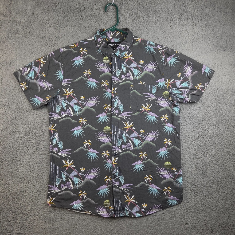 Molokai Surf Co Button Up Shirt Men's Large Hawaiian Floral Black Short Sleeve
